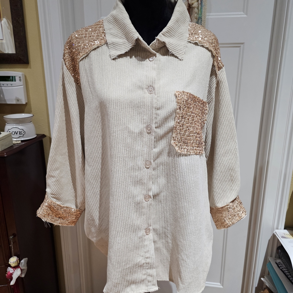 Umgee Womens Beige Button Down Shacket/Shirt with Rose Gold Sequins, Size XL